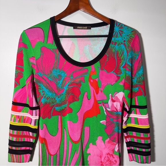 Roberto Cavalli Printed Scoop Neck Long Sleeve Mini Dress Size 44/ Size 8 - Picture 4 of 16